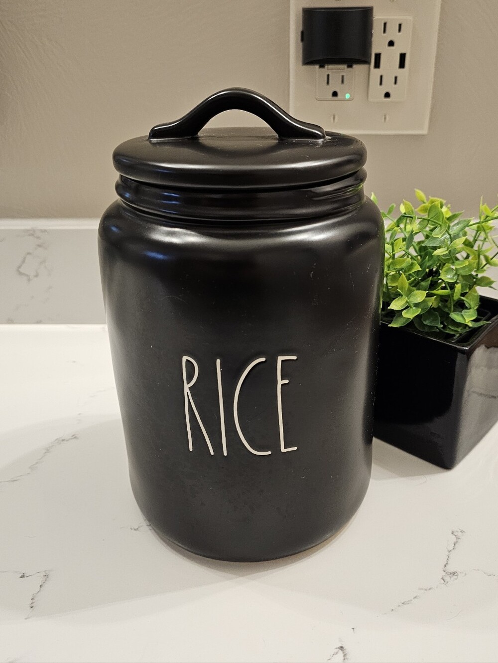 Rae Dunn Black Ceramic 'RICE' Canister with Lid